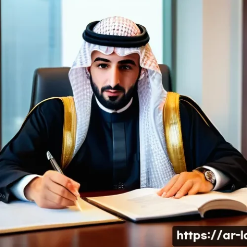 Home 32 노무사로서의 업무 윤리 사례 - A professional Arab legal advisor in a modern office setting, dressed in formal business attire incl...