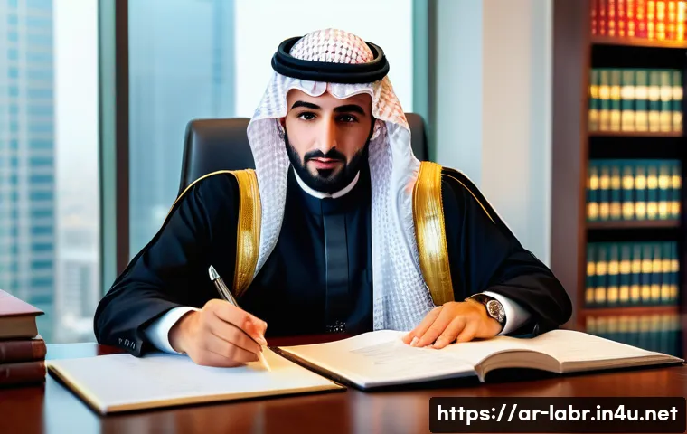 노무사로서의 업무 윤리 사례 - A professional Arab legal advisor in a modern office setting, dressed in formal business attire incl...