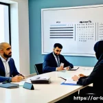 Home 19 노동법 시험에 자주 나오는 문제 - A professional Middle Eastern office scene showing diverse Arab workers engaged in a discussion abou...