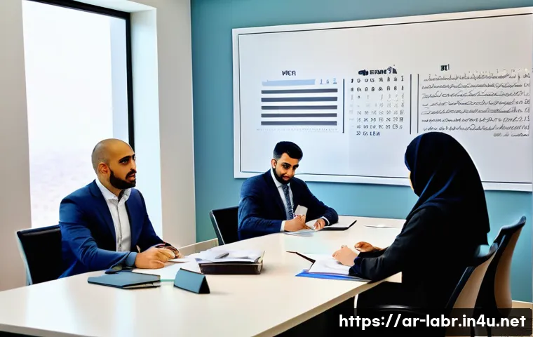 노동법 시험에 자주 나오는 문제 - A professional Middle Eastern office scene showing diverse Arab workers engaged in a discussion abou...