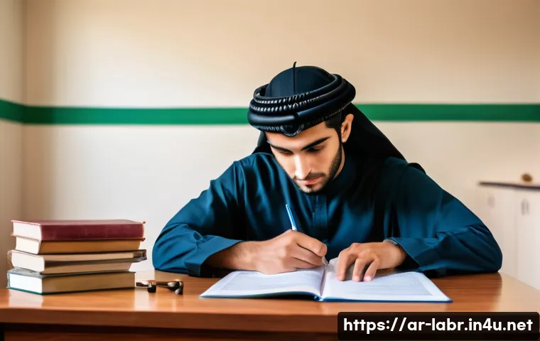 공인노무사 시험에서 피해야 할 실수 - A focused Arab student in traditional attire sitting at a wooden desk in a quiet, well-lit exam room...