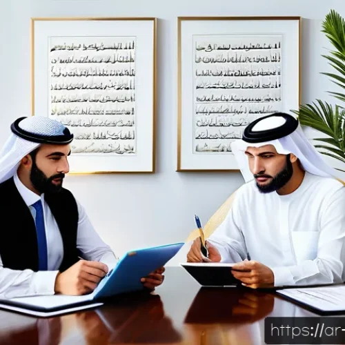 Home 17 공인노무사와 기업 자문 사례 - A modern Arab office setting with diverse professionals in formal business attire reviewing detailed...