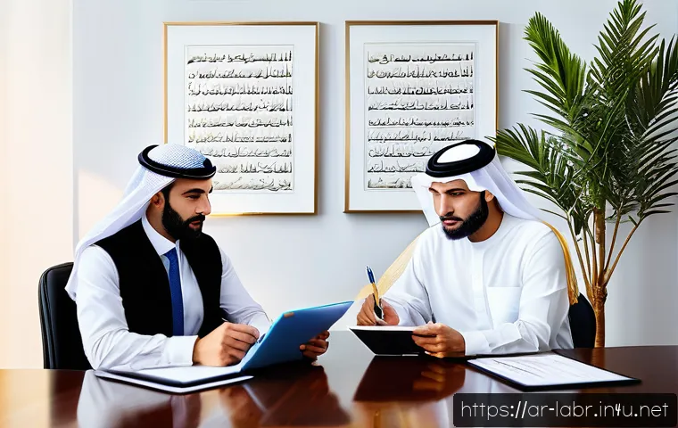 공인노무사와 기업 자문 사례 - A modern Arab office setting with diverse professionals in formal business attire reviewing detailed...