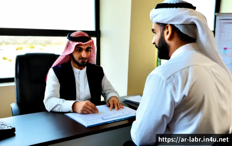 노무사와 연봉 협상 시뮬레이션 - Photorealistic salary negotiation simulation in a modern Gulf Arab labor consultancy office, confide...