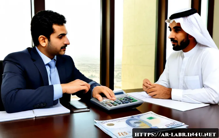 공인노무사와 연봉 협상 기술 - Photorealistic salary negotiation meeting in a modern Riyadh office, confident Arab labor consultant...