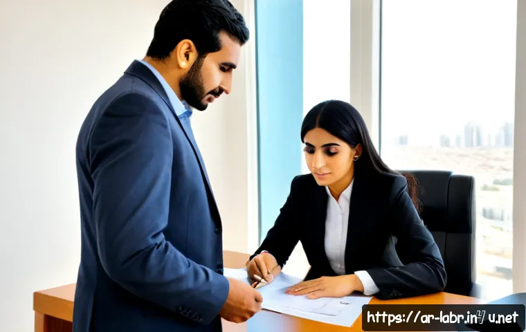 Home 30 노무사로서의 직장 내 부당 해고 대응 - Photorealistic Middle Eastern labor consultant in modest professional attire meeting a worried emplo...