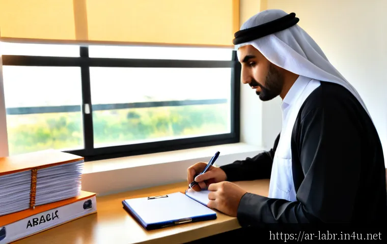 Home 17 공인노무사 직무 일지 - Photorealistic Arab labor law professional in a modest modern office, carefully organizing a daily w...