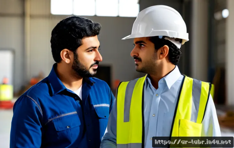 노무사로서의 현장 경험 - Photorealistic workplace consultation in a modern Gulf-region industrial facility, an experienced Ar...