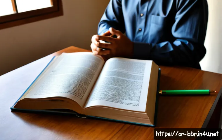 노동법 교재 선택 방법 - Photorealistic editorial scene of an Arab professional choosing between two thick labor law textbook...