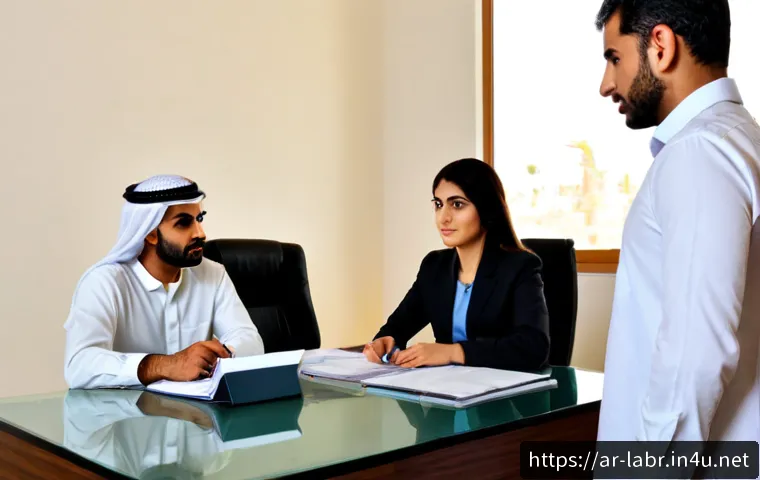 공인노무사 직무와 학습 방법 - Photorealistic workplace consultation in a modern Gulf-region office, an Arab labor relations consul...